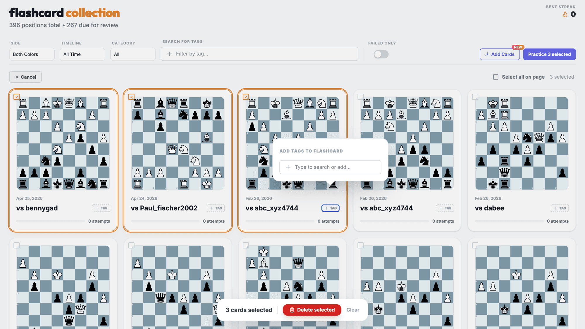 A Chessalyz flashcard deck, every card a position from the player's own games