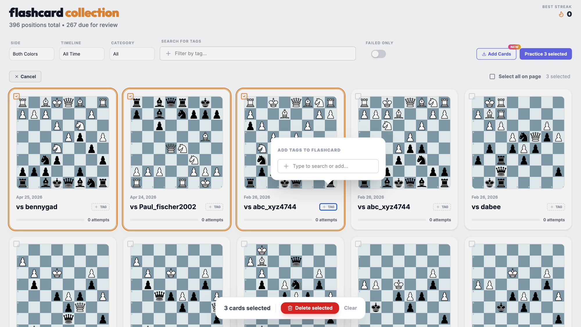 Chessalyz flashcard collection: positions from your games with tags and review status