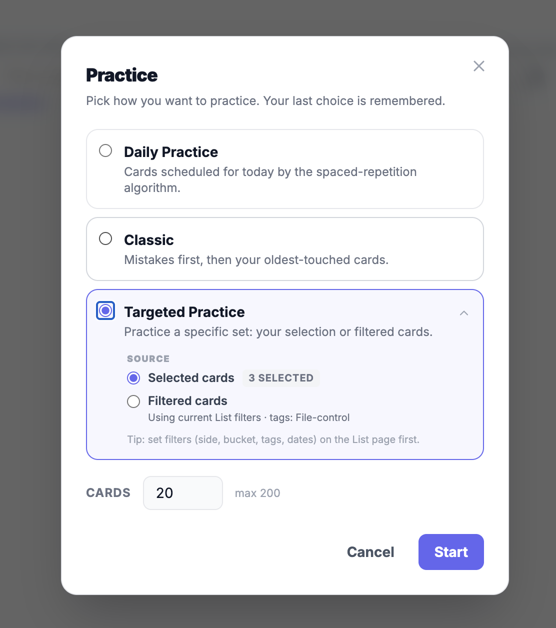 Flashcard practice modes: Daily, Classic, and Targeted